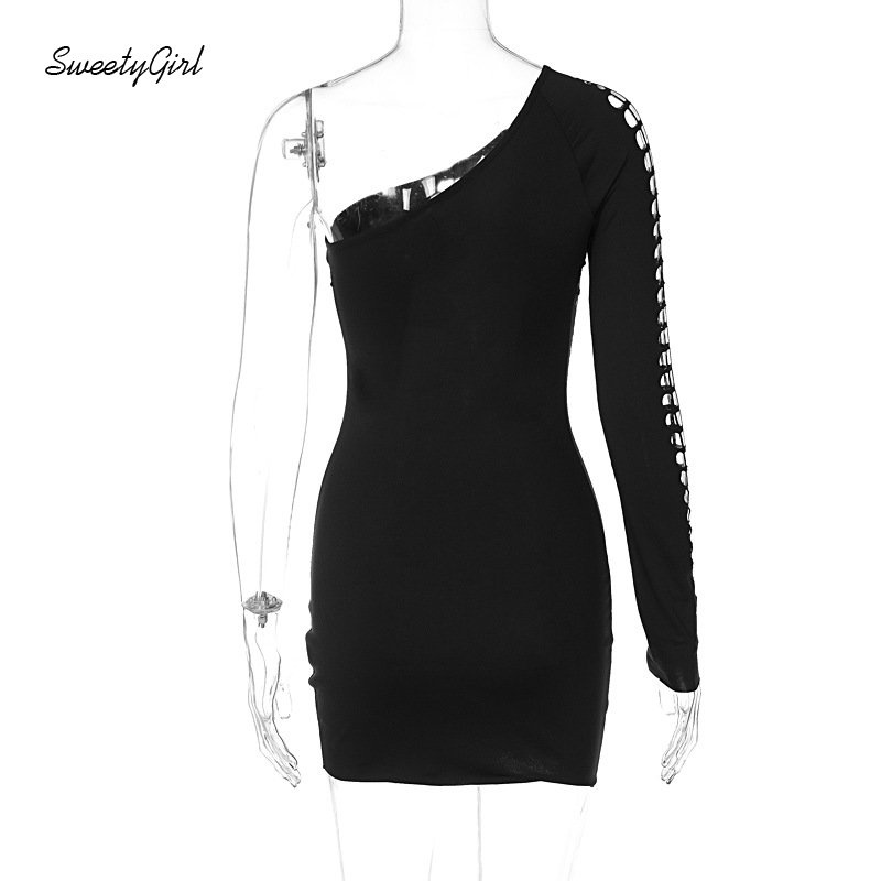 Đầm Mini Tay Dài Khoét Lỗ Cổ Yếm Màu Đen Trơn Thời Trang 2022 Quyến Rũ Cho Nữ