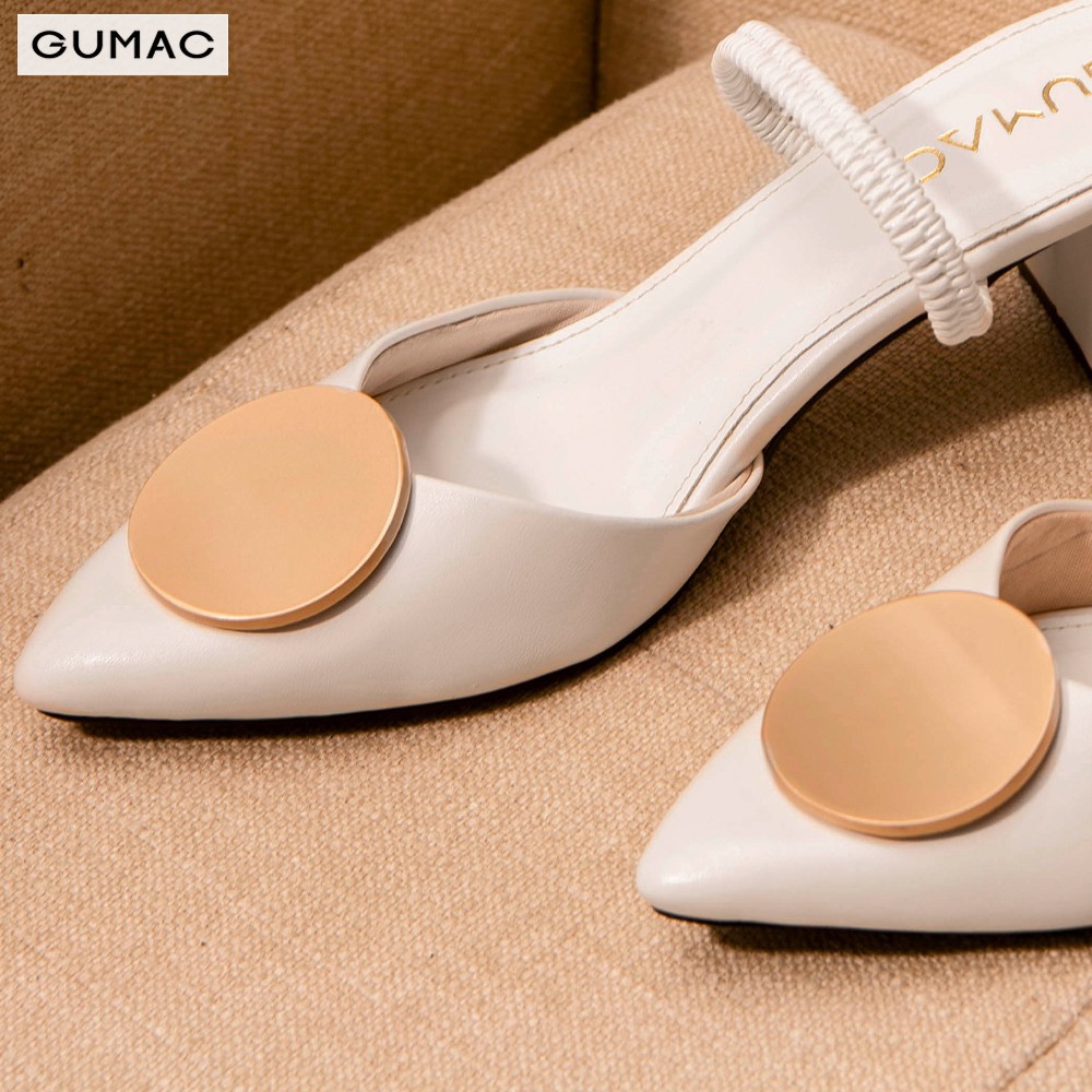 Giày cao gót đế vuông GUMAC GD215 màu trắng size 37 phối phụ kiện lấp lánh 6cm