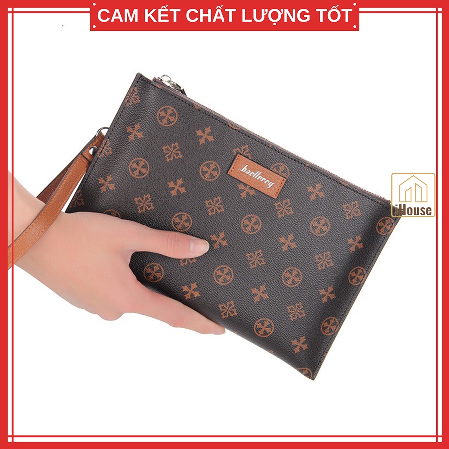 Clutch cầm tay nam nữ cao cấp Baellerr.y size cỡ to dẹp, Ví dài cầm tay nam nữ da màu nâu đẹp và sang trọng