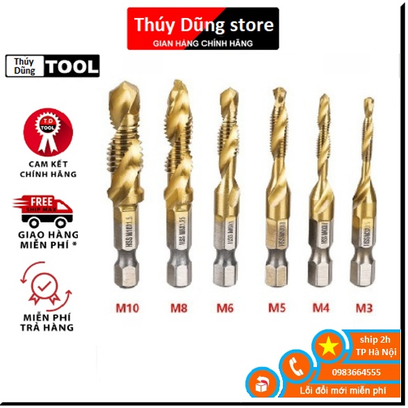 EKEZ Bộ 6 mũi khoan Taro M3-M10 thép HSS 4341 phủ Titanium dùng để tạo ren inox/ lỗ bắt vít M3 M4 M5 M6 M8 M10