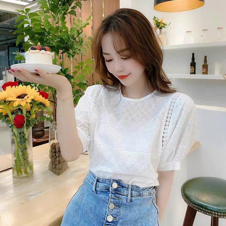 Áo Sơ Mi Cổ Tròn Dáng Xòe Tay Ren Ngắn Bèo Ngực Chữ U Họa Tiết Ren Thêu Hoa Nhí kèm {video+ảnh thật} áo sơ mi nữ | BigBuy360 - bigbuy360.vn