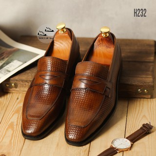 Giày tây da bò thật LoaFer mũi nhọn đế gỗ lịch lãm, thời trang vet đồ cưới chú rễ H232