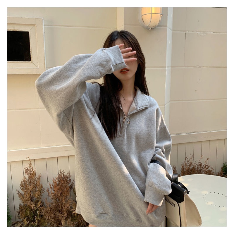 Áo Sweater Cổ Polo Dáng Rộng Dài Trung Bình Thời Trang Hàn Quốc Hàng Mới Màu Xám 2023 Dành Cho Nữ