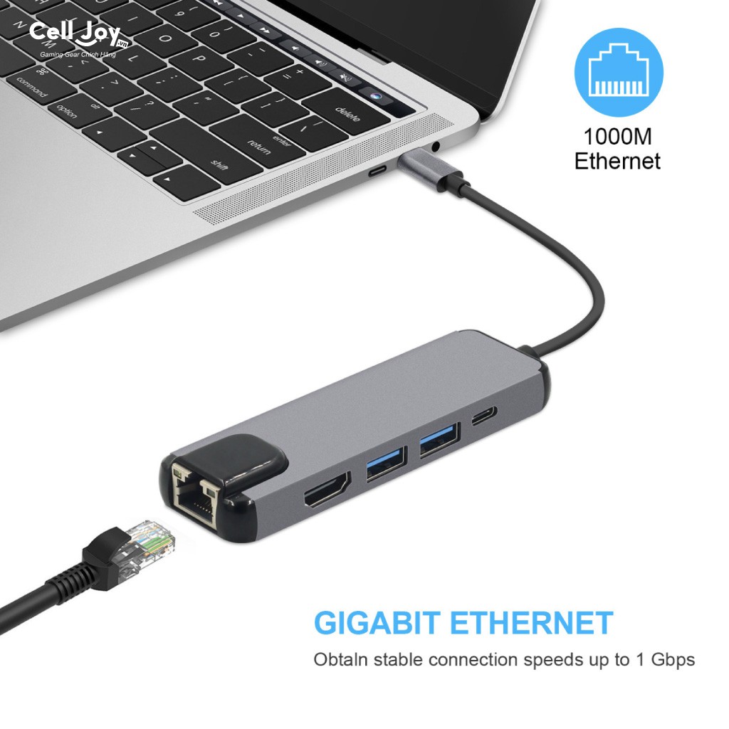 Hub chuyển đổi Type-C cho Macbook Air/ Pro/ iPad/ Surface, điện thoại 5in1 adapter to HDMI/ USB 3.0/ Ethernet LAN/ USB-C