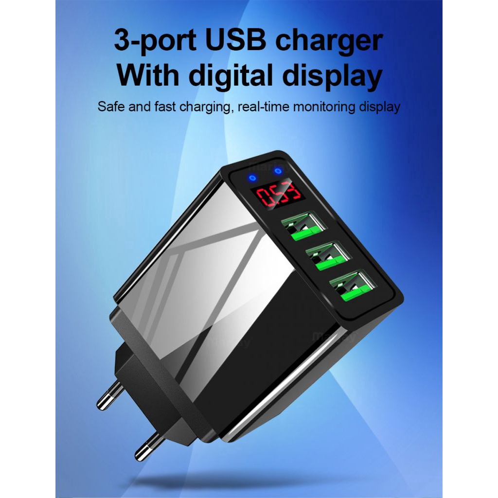 5 V / 3.1 A (max.) 3-Port USB Phone Charger LED Display Wall Fast Charging Adapter EU/US Plug Ⓡ