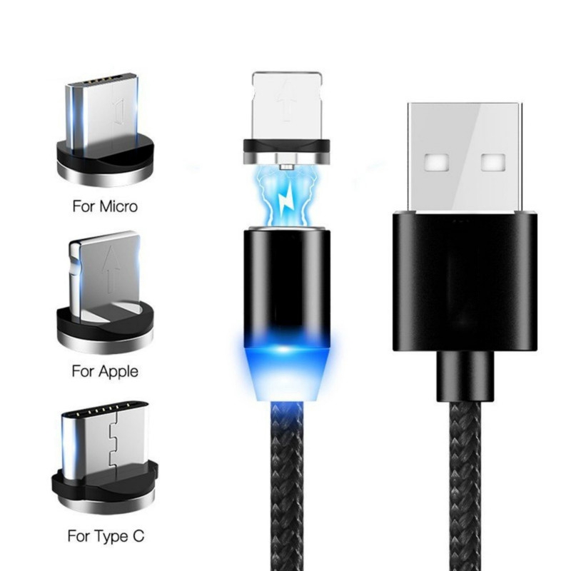 Cáp USB sạc nhanh 1M 2.4A Type C/iOS/Micro 360 độ có đèn LED