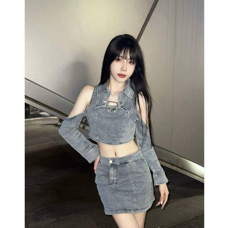 Set Áo denim Trễ Vai Và Chân Váy Jeans Thời Trang Dành Cho Nữ (Có Bán Lẻ)