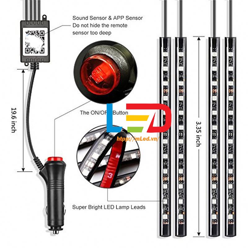Đèn led cảm ứng gầm ghế ô tô RGB, trang trí nội thất ô tô, điều khiển bằng điện thại, nháy theo nhạc [4 đèn x 12 led]