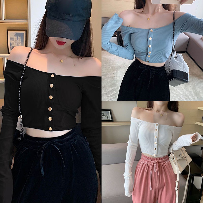 Áo croptop tay dài hở vai màu trơn trang trí nút thời trang cho nữ