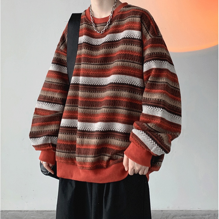 Plus Áo Sweater Dài Tay Dáng Rộng Phối Nhung Kẻ Sọc Kiểu Vintage Nhật Hàn Hợp Mùa Thu Đông Cỡ M-3XL