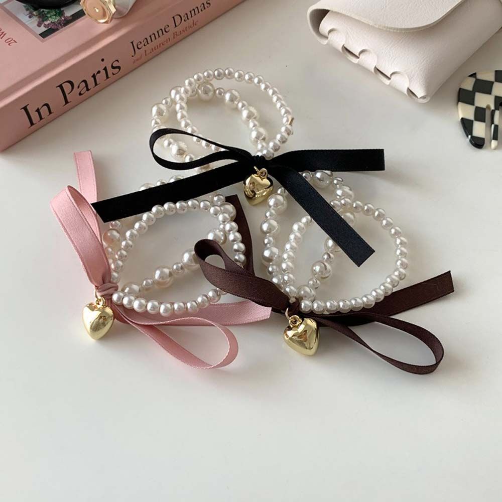 Dây buộc tóc cao su đính ngọc trai hình trái tim nhiều màu sắc phong cách Hàn Quốc cho nữ