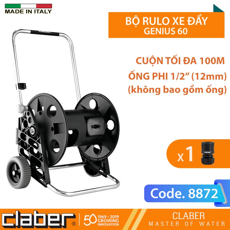 Xe đẩy rulo cuộn ống nước Genius 100, cuộn tối đa 100m ống phi 12mm Claber - Italy