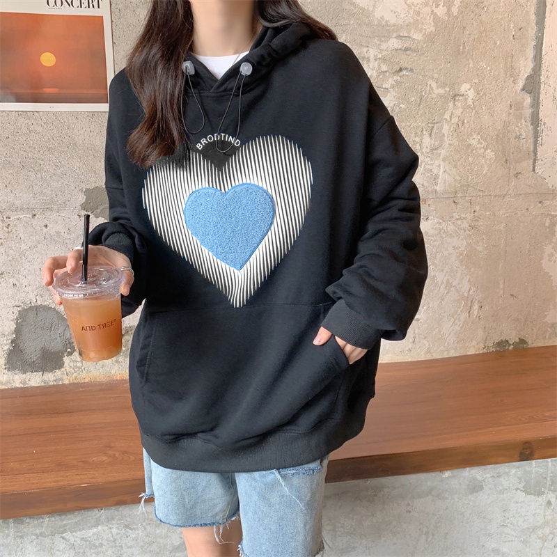 Áo hoodie tay dài in hình trái tim phong cách Hàn Quốc