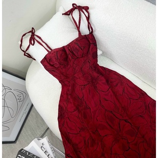 (Hàng sẵn) Đầm 2s Cột Vai Gấm Hoa Đỏ
