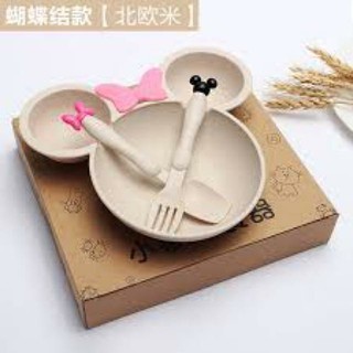 Khay ăn dặm Mickey lúa mạch kèm thìa dĩa cho bé