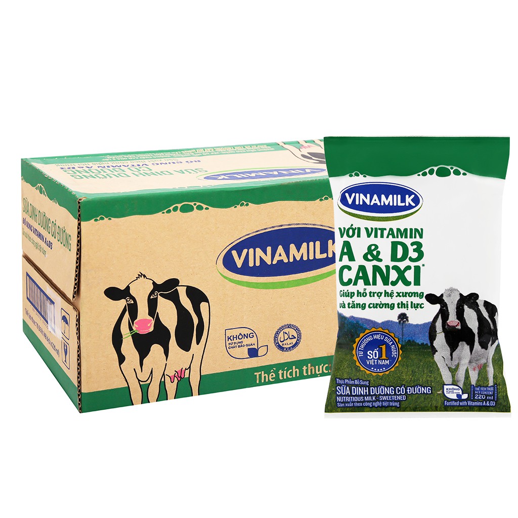 Thùng 48 bịch sữa dinh dưỡng Vinamilk bịch 220ml có đường/ít đường/không đường/dâu/socola