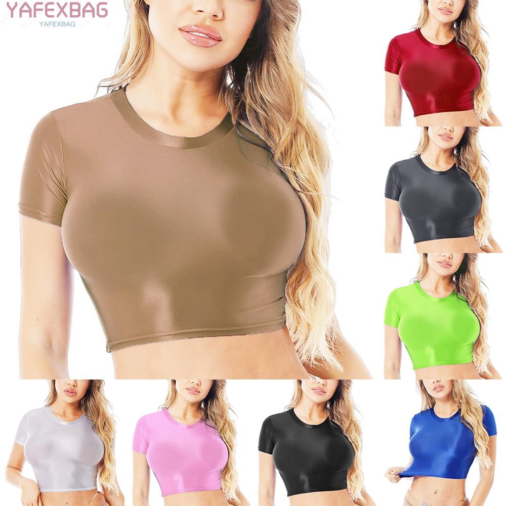 Women Glossy Short Sleeve Crop Tops T-Shirt Slim Yoga Gym Sports Short Tops 2022 hot salenew