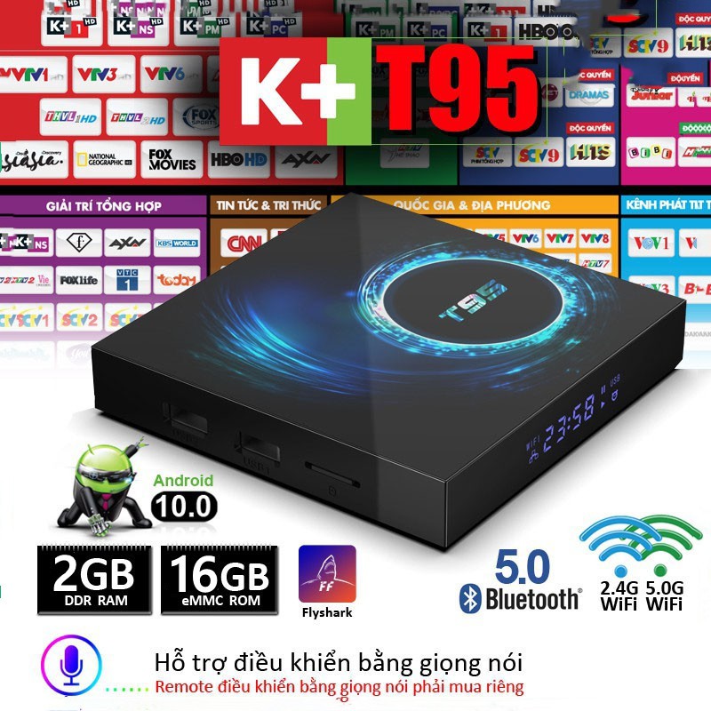 Smart TV Box / Android T95 TV Box 2 + 16G wifi băng tần kép, Bluetooth 5.0, độ phân giải 6K rõ nét, phiên bản Android 10.0