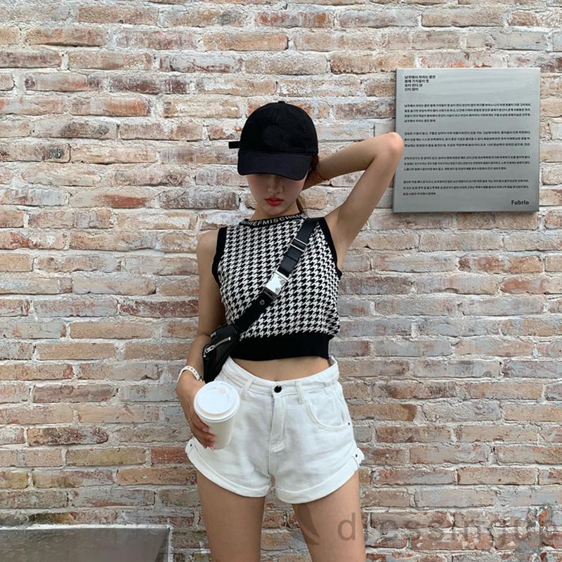 Áo Croptop Dệt Kim Cổ Tròn Không Tay In Chữ Cá Tính Cho Nữ