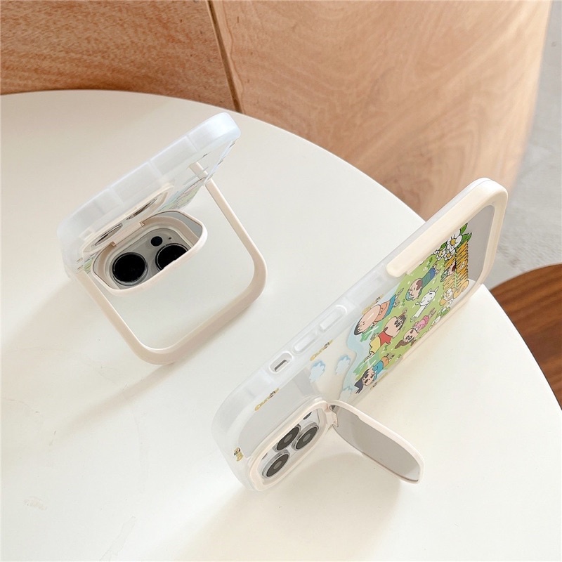 Ốp lưng iphone mềm dẻo viền bo tròn chống sốc có gương che bảo vệ camera và chân để bàn tiện lợi hoạt hình cushin cute