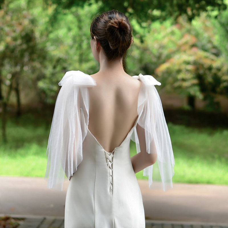 Khăn Choàng Vai Bằng Vải Tuyn Mỏng Đính Ngọc Trai Lấp Lánh Thanh Lịch Dành Cho Cô Dâu