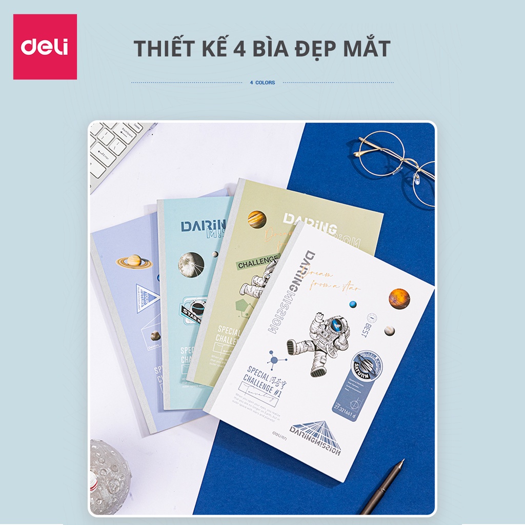 Sổ ghi chép hình phi hành gia Deli 80 trang 70g dán gáy chắc chắn 1 quyển Size B5 chống lóa khổ kẻ ngang chuẩn WB540