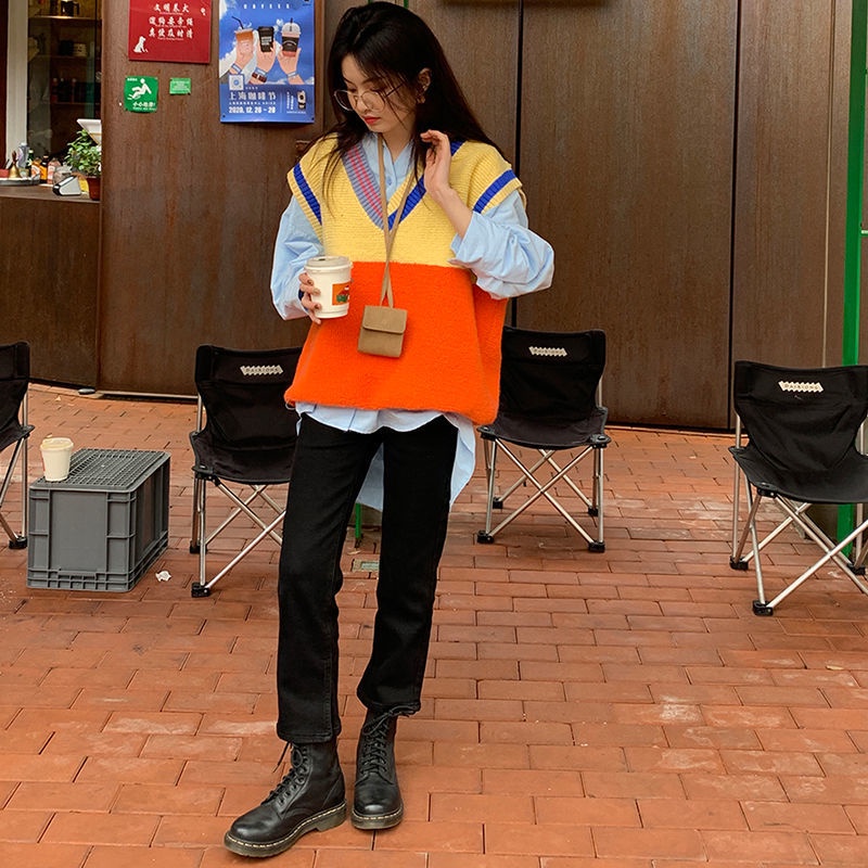 Áo dệt kim sát nách dáng rộng phối màu tương phản kiểu Hàn Quốc thời trang cho nữ