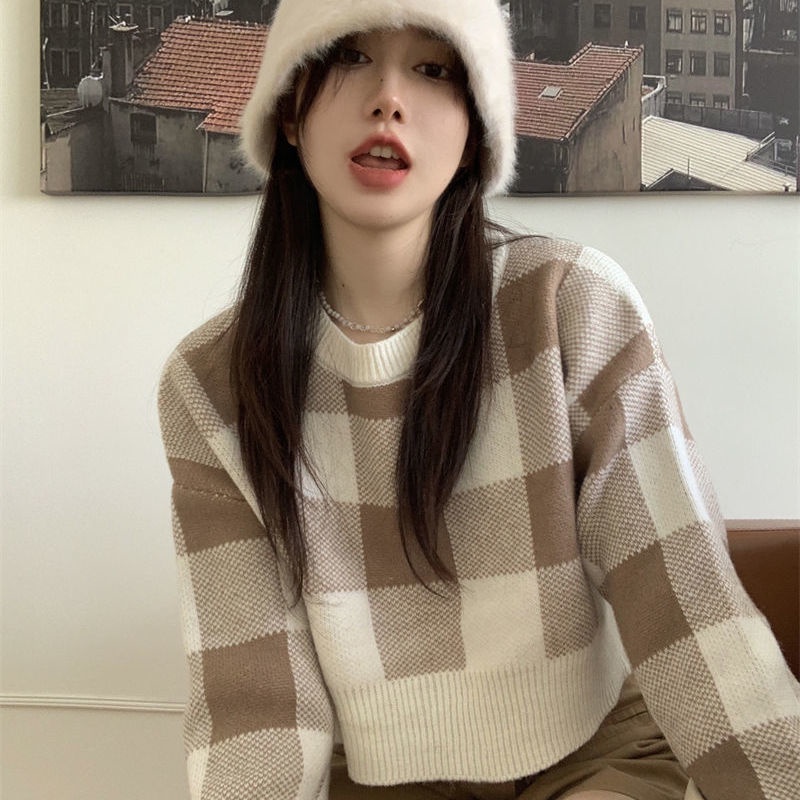 COZOK Áo Sweater Tay Dài Dáng Rộng Sọc Ca Rô Phối Màu Tương Phản Cá Tính Thời