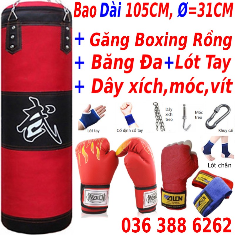 Vỏ bao cát dài 105cm, đường kính 31cm 3 lớp siêu bền tặng combo 8 món găng boxing + băng đa + lót tay chân + dây xích