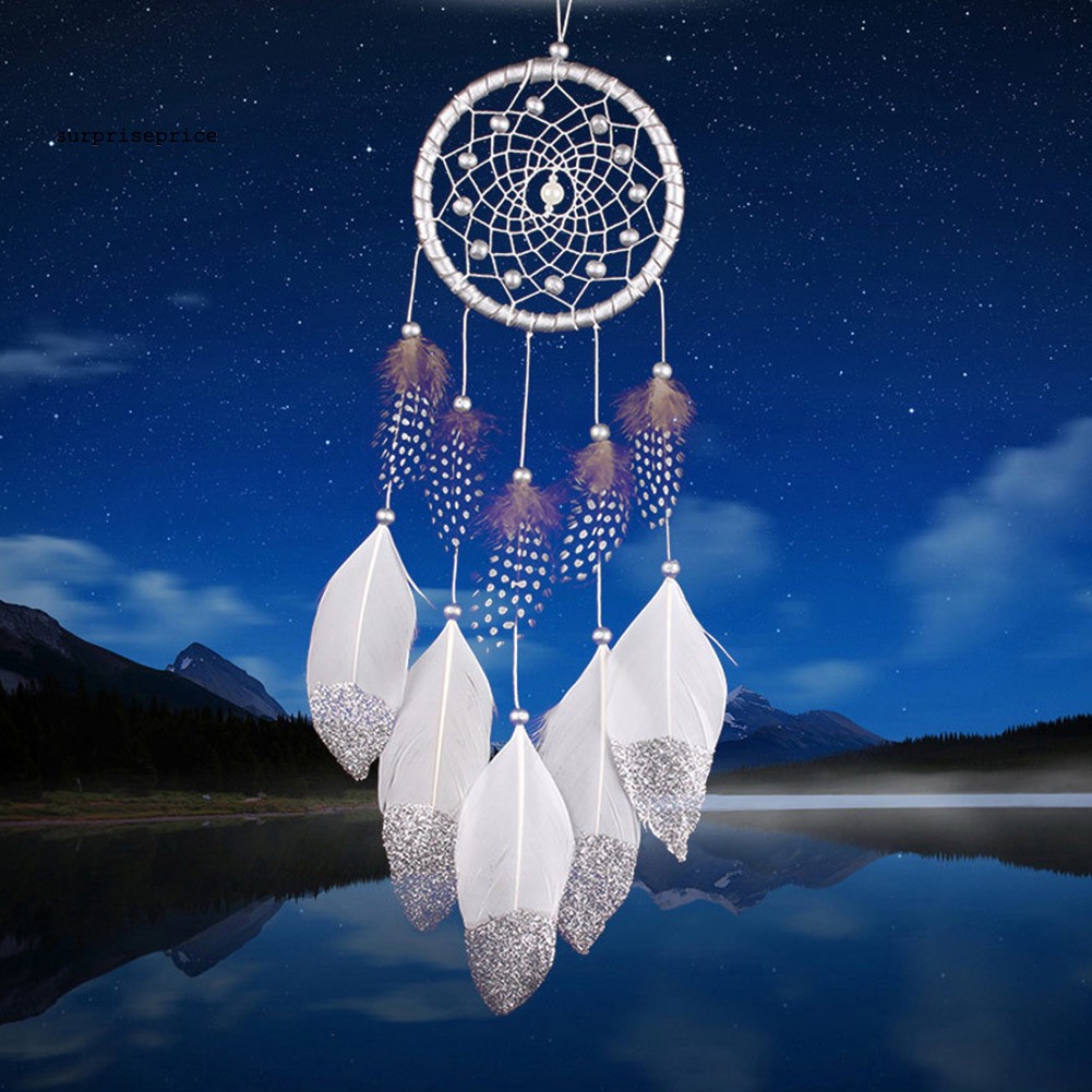 Chuông gió bắt giấc mơ có vòng hạt và lông vũ treo tường xe hơi trang trí của sổ