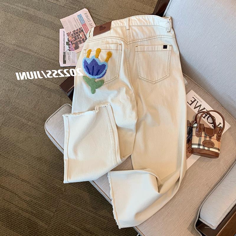 ●☃㍿Quần Jean Dài Ống Rộng Lưng Cao Thêu Họa Tiết Thời Trang Mùa Hè Phong Cách Retro Mới Cho Nữ