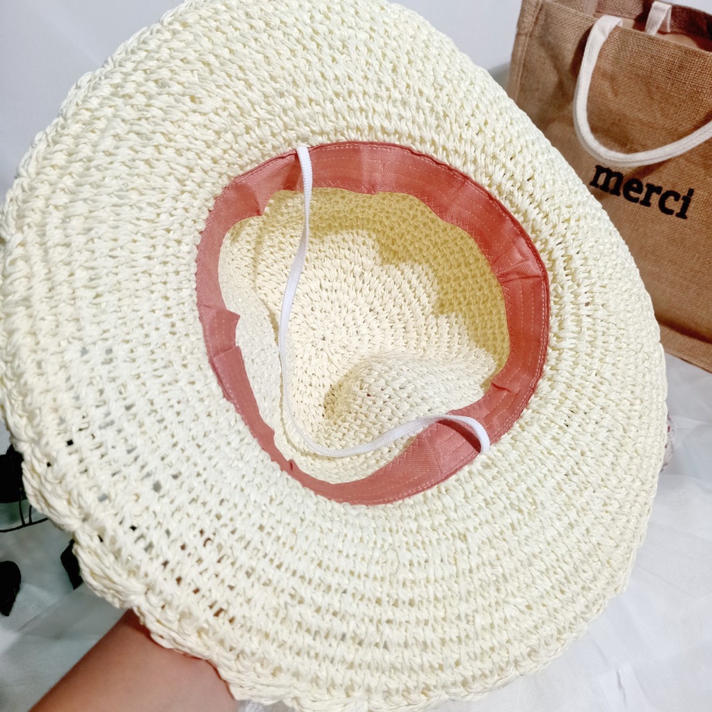 Nón cói,mũ cói nữ mềm nơ ren tiểu thư hàng nhập cao cấp thắt được 2 kiểu_ren trắng 2 kiểu