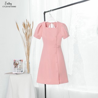 Đầm chữ A công sở Cathy Clans cổ vuông 1 hàng nút hồng