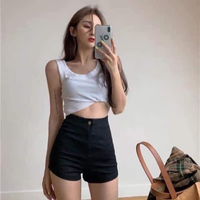 Quần short nữ sooc jean trơn cạp cao giấu bụng
