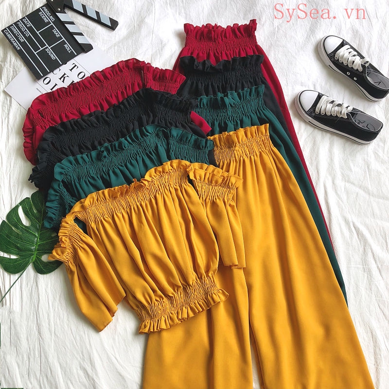 Set áo trễ vai và quần ống rộng kiểu dáng thời trang cho nữ | BigBuy360 - bigbuy360.vn