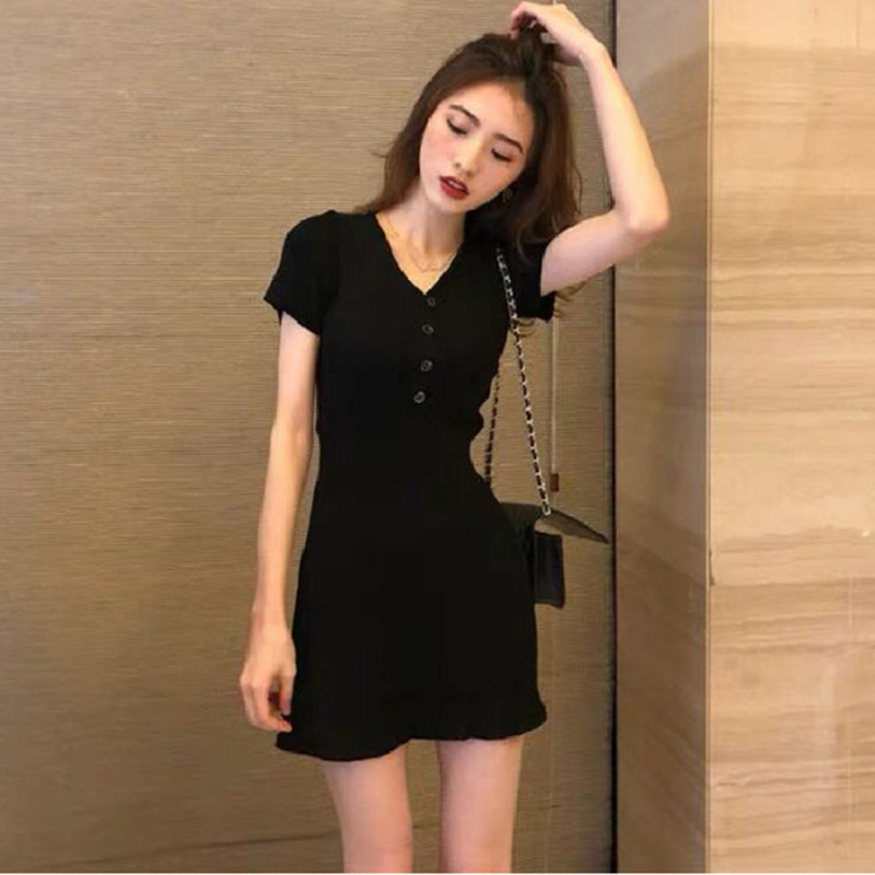 Đầm nữ SUXI màu trơn cổ phối nút phong cách retro thời trang mùa hè