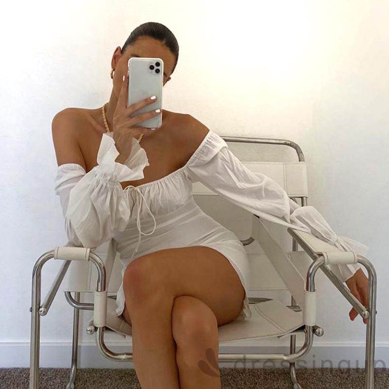 Đầm cổ vuông dài tay thiết kế dây thắt trước ngực thời trang nữ | BigBuy360 - bigbuy360.vn