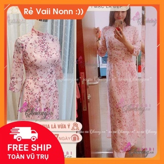 S42 Áo dài hoa nhí 4 tà may sẵn truyền thống cổ vuông Lụa tơ hồng đẹp ADHN20