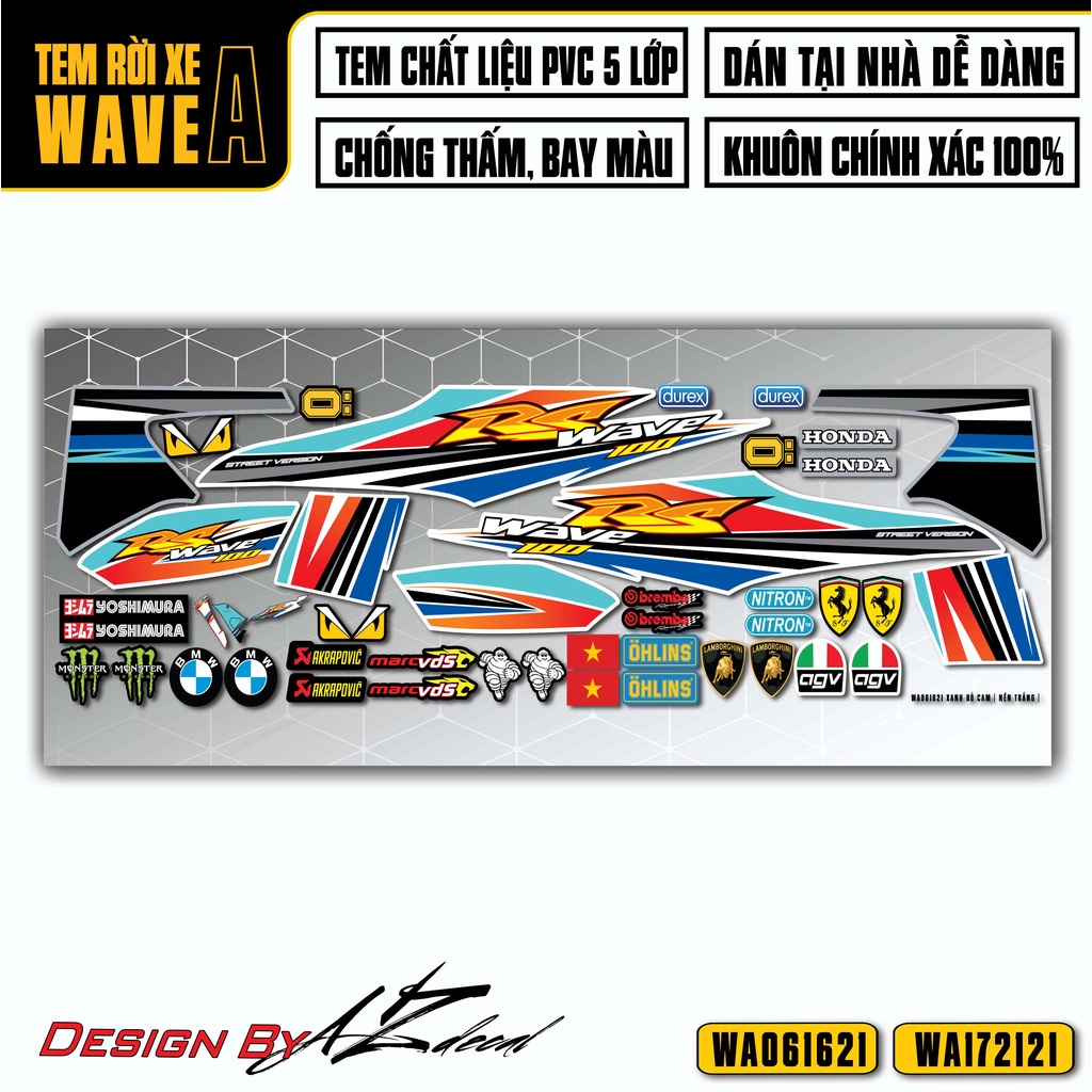 Decal Chế Dán Xe Wave Alpha 110 100 Mẫu RS100 | WA21 | Tem Rời Xe Máy Wave A Chống Nước, Chống Bay Màu