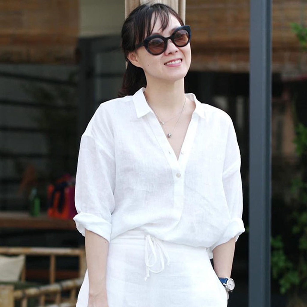 (TỔNG KHO LÂM ANH CHUYÊN SỈ) Áo Sơ Mi Nữ Form Rộng Trễ Vai Cơ Bản, Chất Linen Tưng Premium - Trắng Tinh