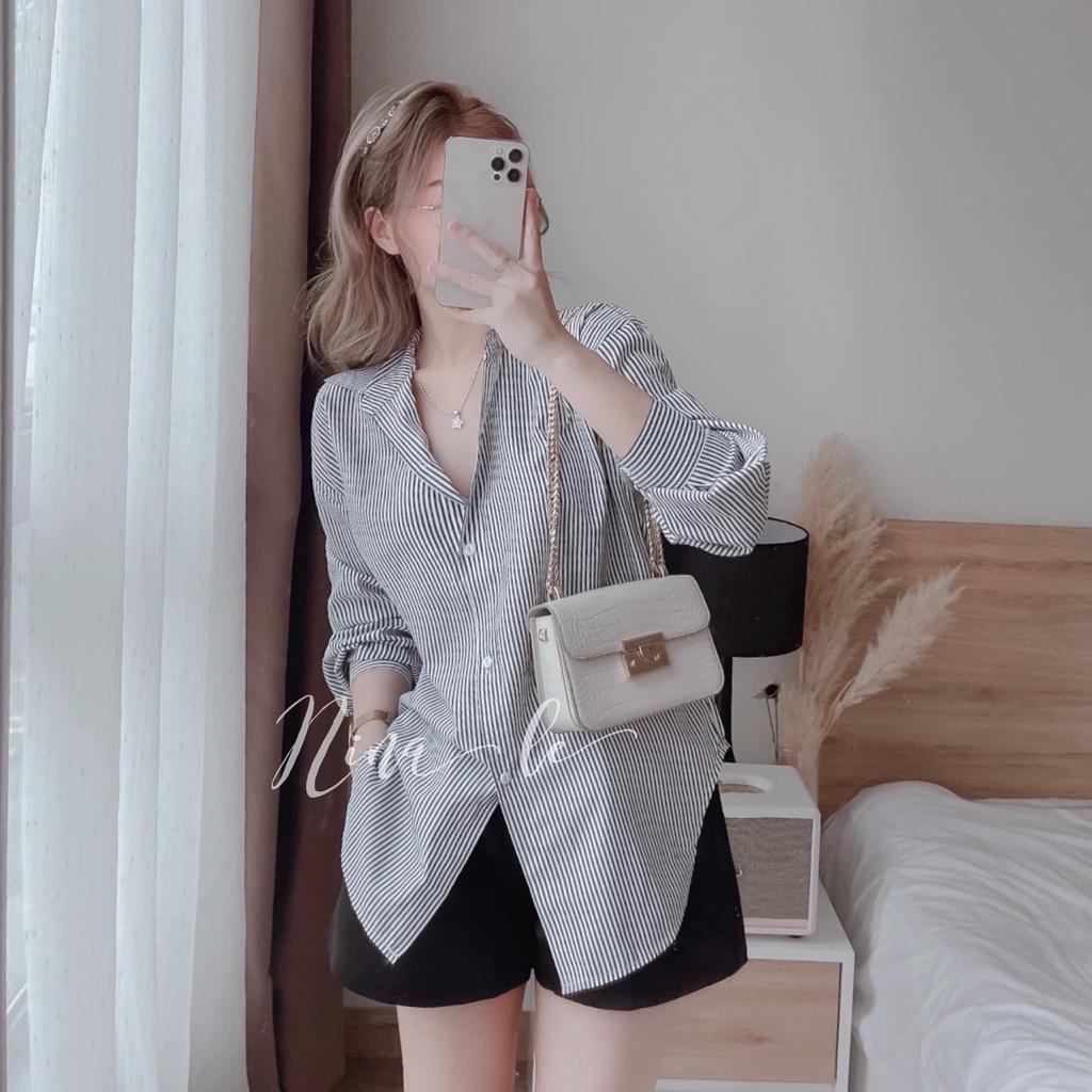 Sét bộ đồ nữ áo sơ mi dài tay kẻ sọc đa dạng màu sắc  phối quần đùi xinh xắn.