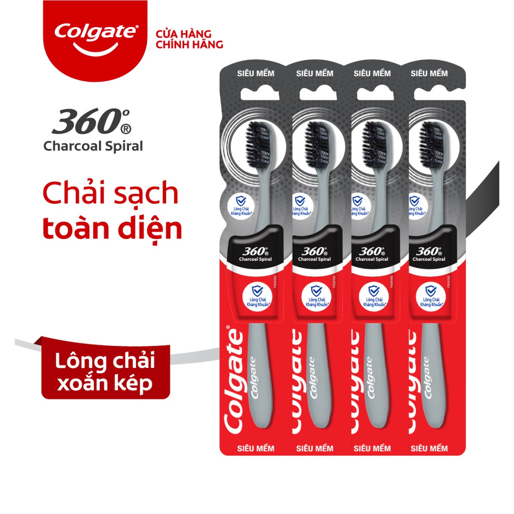 Bộ 4 Bàn chải đánh răng Colgate 360 độ than hoạt tính &amp; lông chải xoắn kép