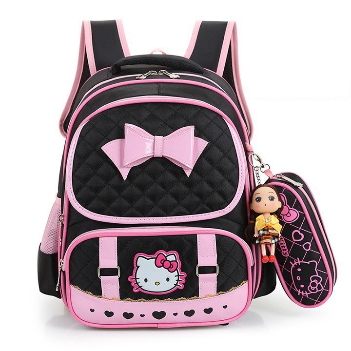 Balo Học Sinh Tiểu Học Hello Kitty Cho Bé Gái Tặng kèm Búp Bê Và Hộp Bút Chống Gù Cao Cấp (3558)