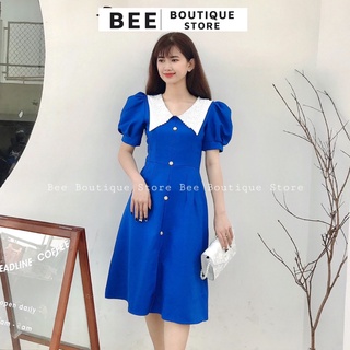 Váy xanh tay phồng cổ ren trắng dạo phố dress tk011