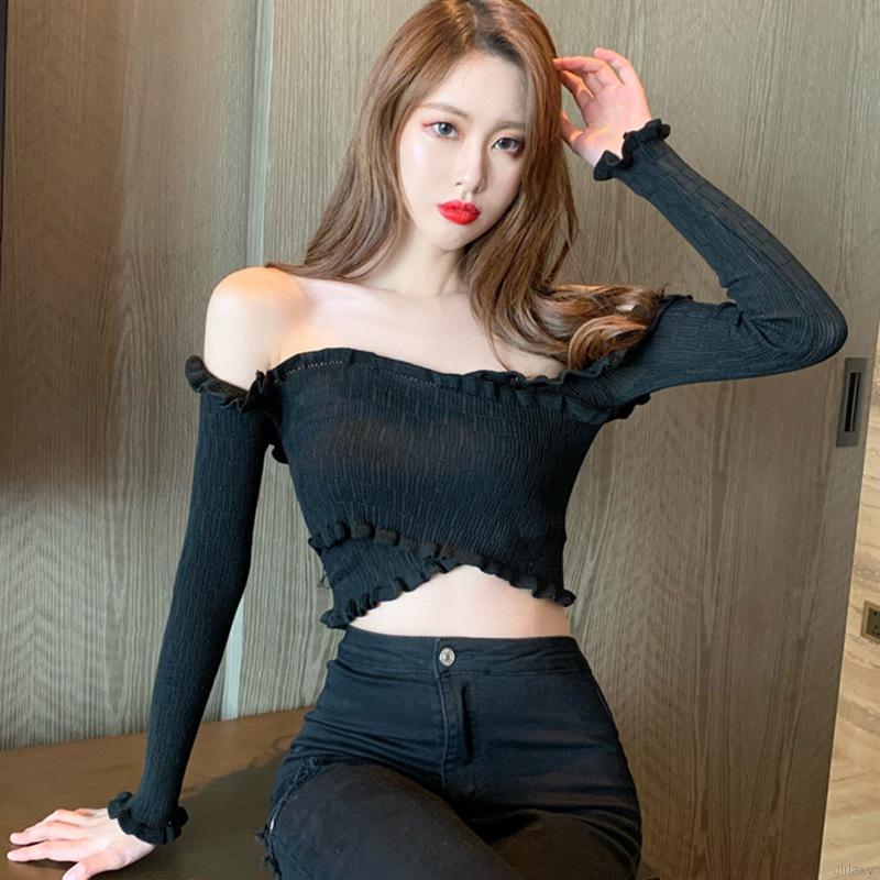 Áo thun dài tay dệt kim hở bụng khoét vai Hàn Quốc gợi cảm cho nữ