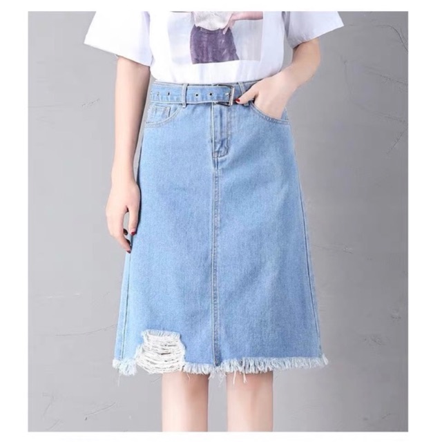 Nhập WAMS8 giảm 15%_ Chân váy jean dài phom chữ A, rách xẻ sau 1760