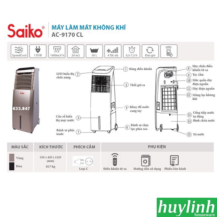 Máy làm mát không khí Saiko AC-9170CL - 30 lít - 20m2