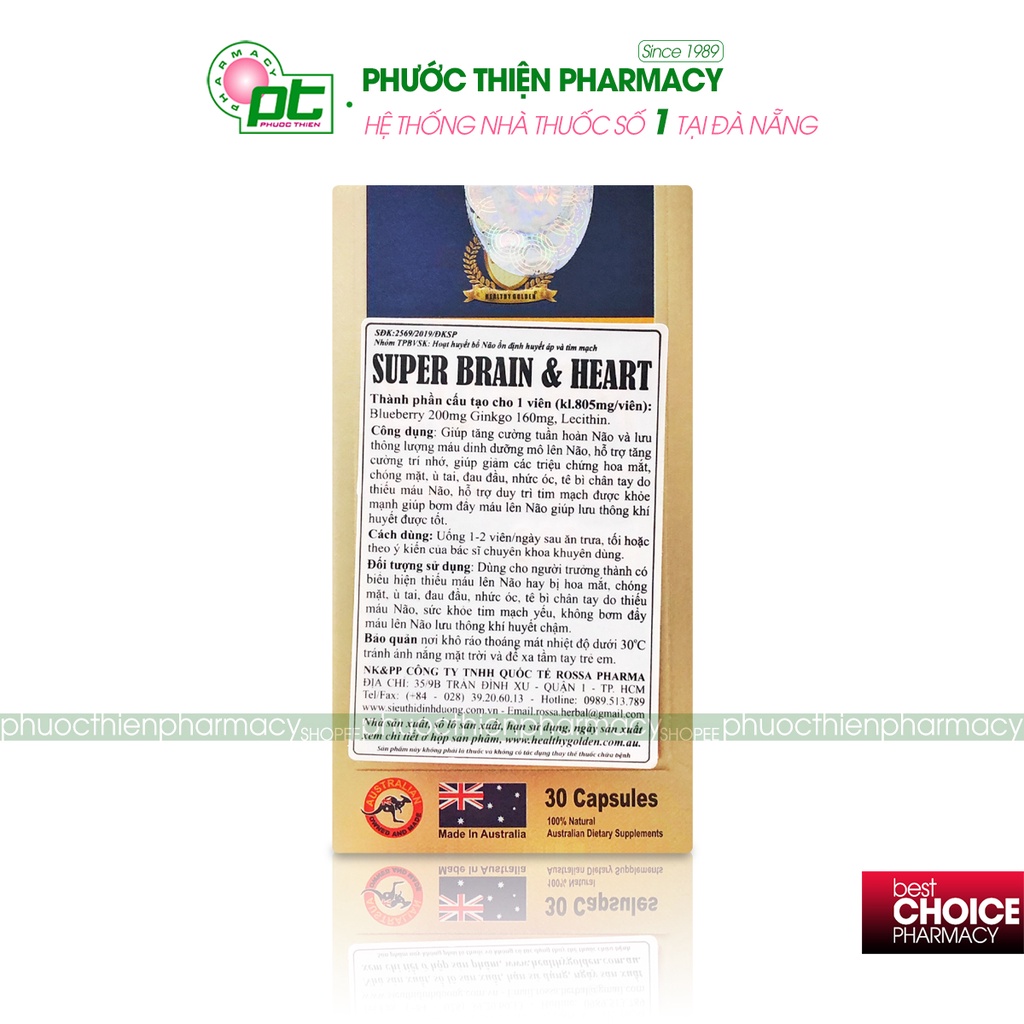 Viên uống bổ não ginkgo Super Brain Heart 360mg cho người lớn chống gốc tự do của Úc - tăng cường trí nhớ, giúp ngủ ngon