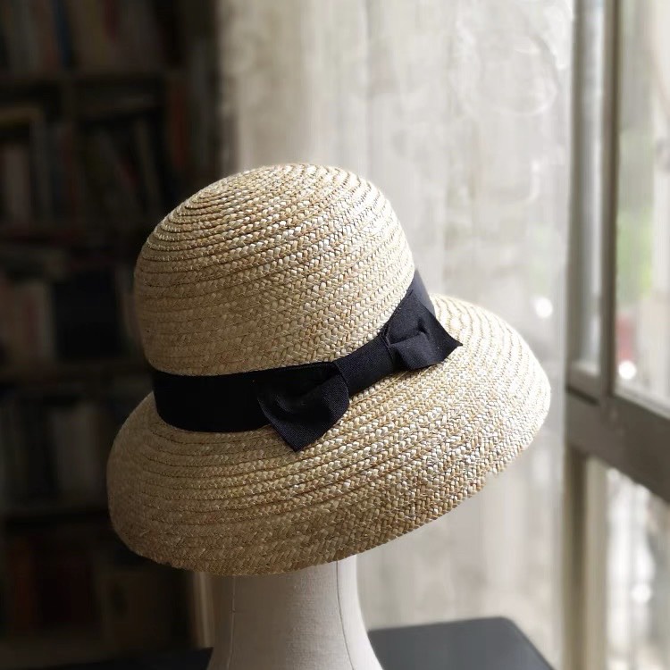 Mũ cói sợi lúa mì phom cứng, nón chuông nơ dễ thương