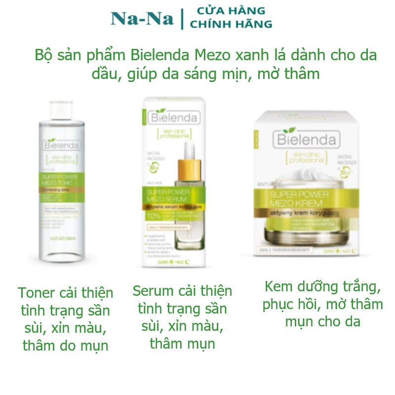 Bộ sản phẩm kem dưỡng, serum, toner Mezo xanh lá Bielenda cho da dầu mụn giúp da căng bóng, mịn màng